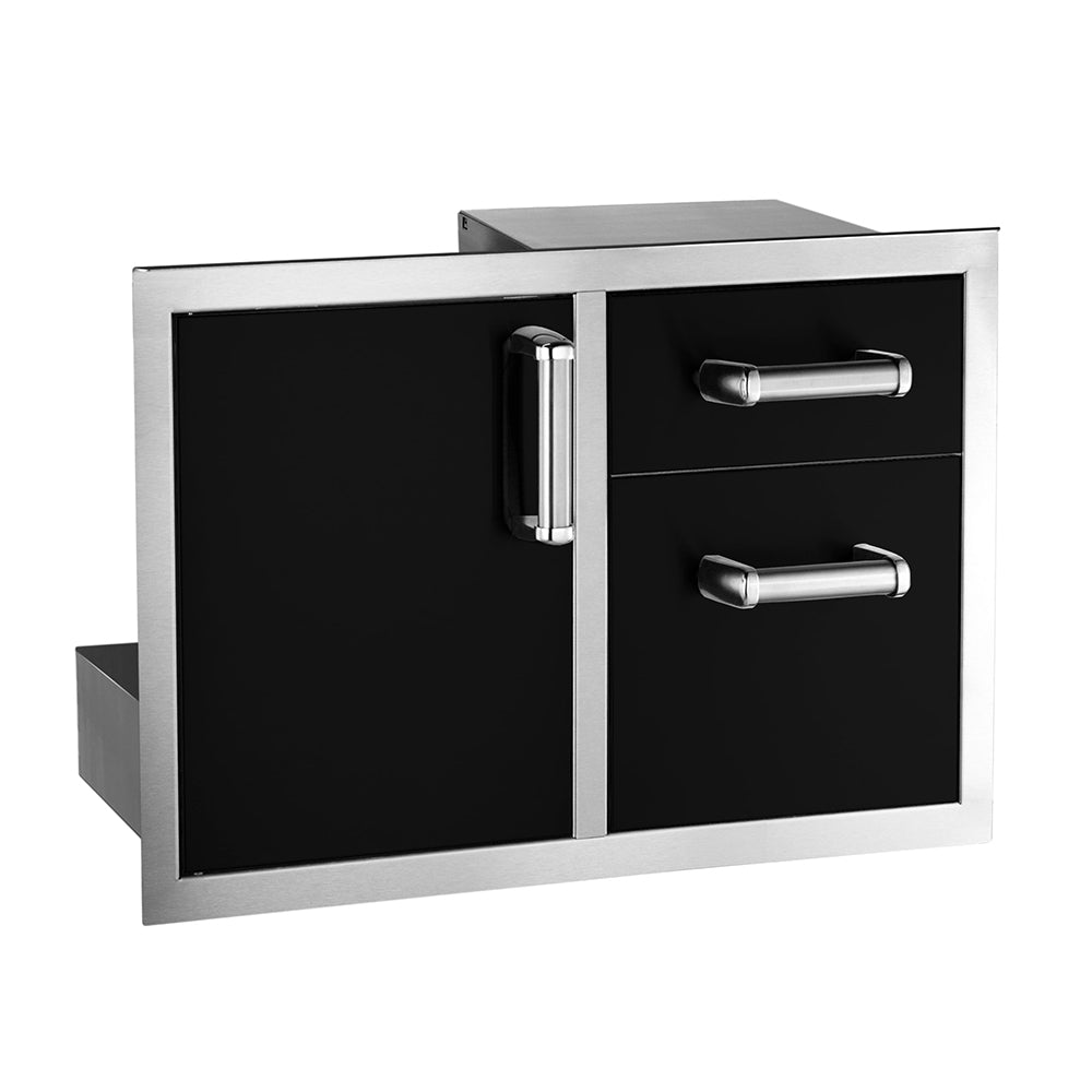 Fire Magic black door and drawer combo with two chrome handle drawers