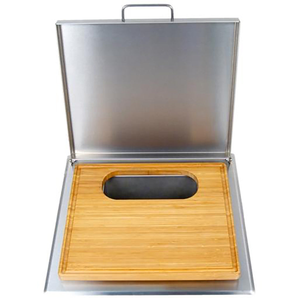 Trash chute with cutting board, open lid, wooden board with black handle