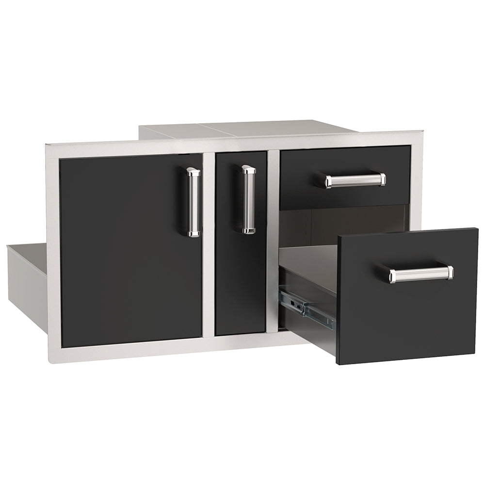 Black cabinet with two doors and pull-out drawer, platter storage