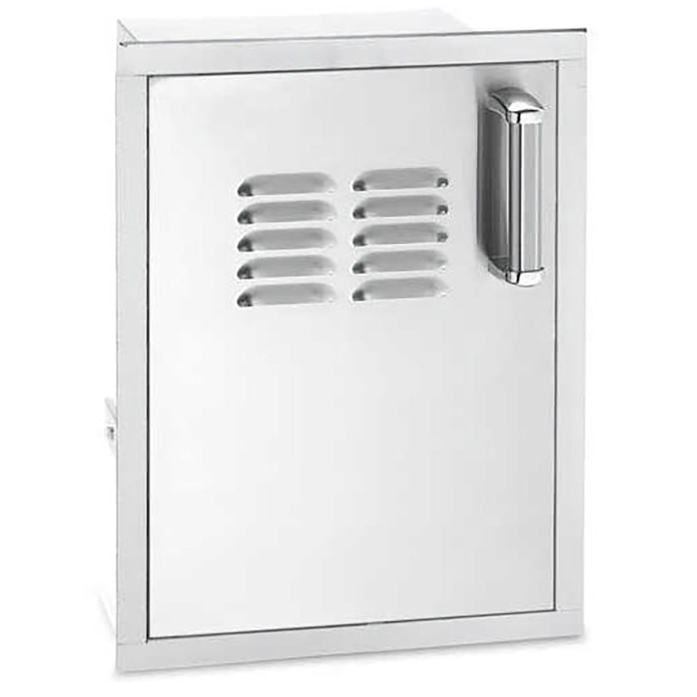 Stainless access door with louvered vent panel and vertical metal handle, square trim