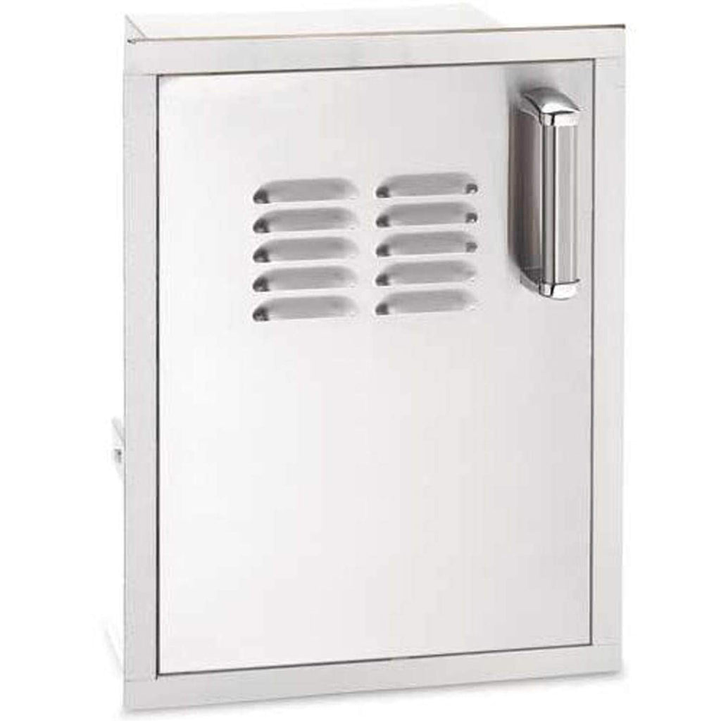 Stainless access door with louvered vent panel and tall vertical handle on right