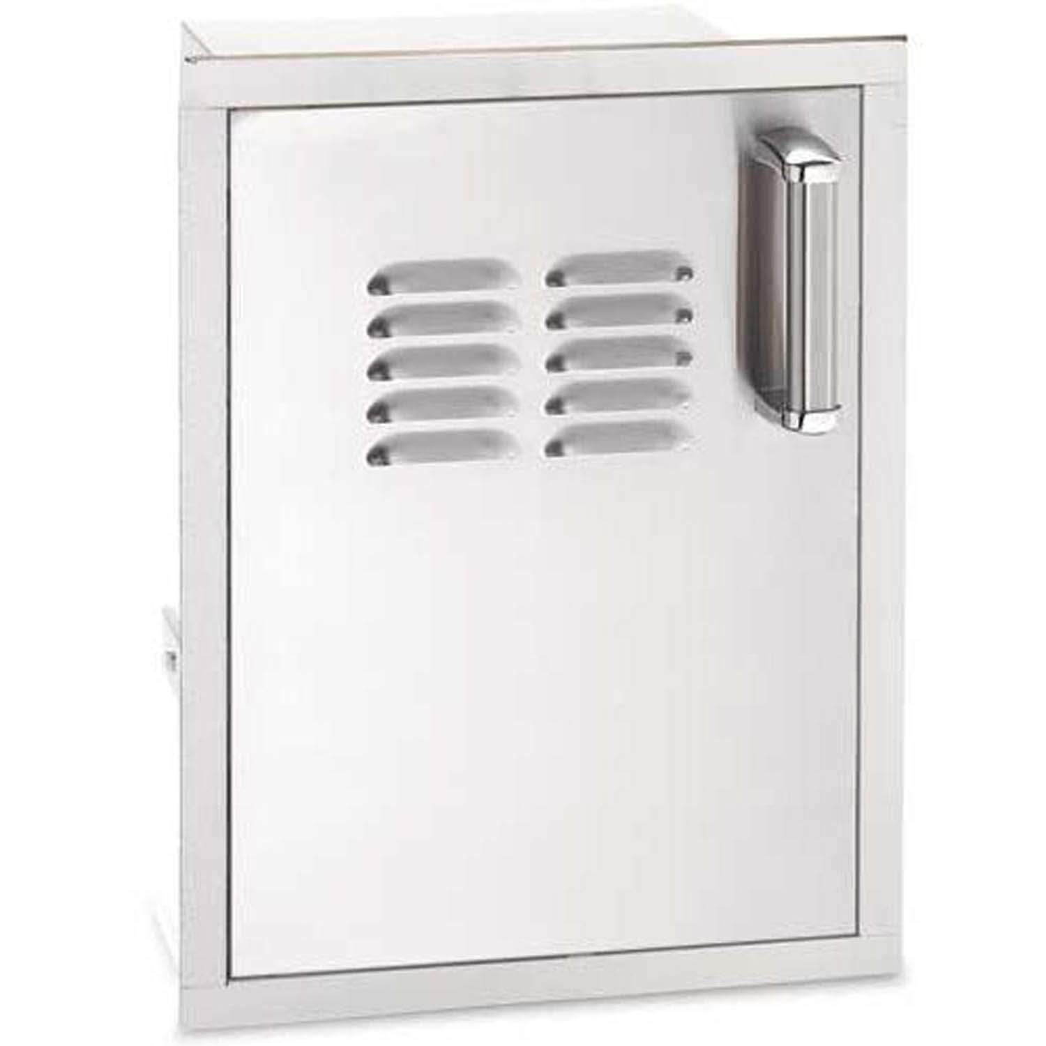 Stainless access door with louvered vent panel and tall vertical handle on right