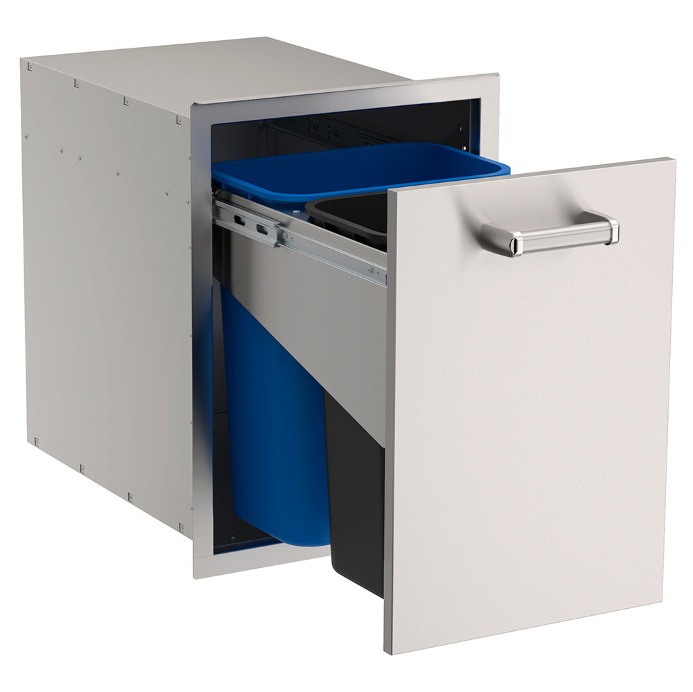 Double trash cabinet with two open doors and blue bins, metal construction.