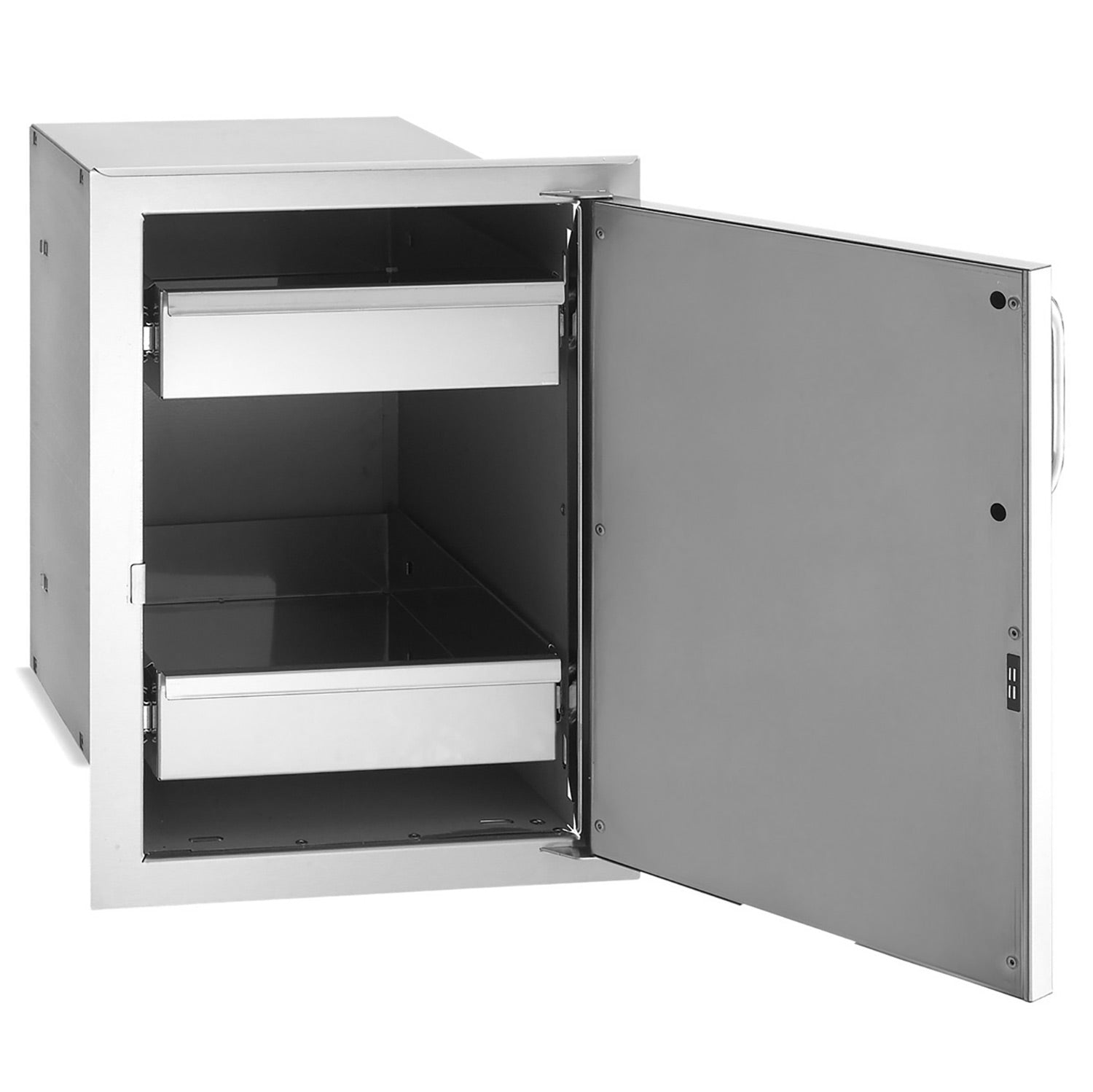 Fire Magic single-door cabinet with open door showing dual drawers and interior shelves