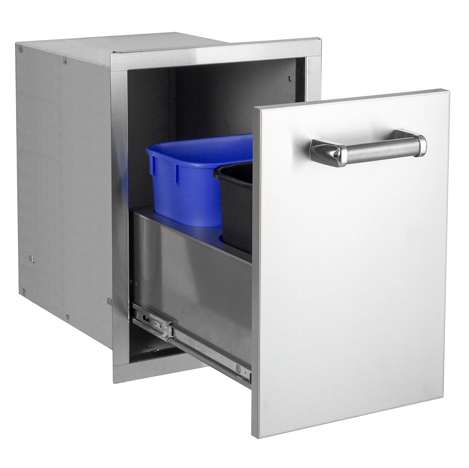 Stainless steel double trash cabinet with open flush door and blue bins