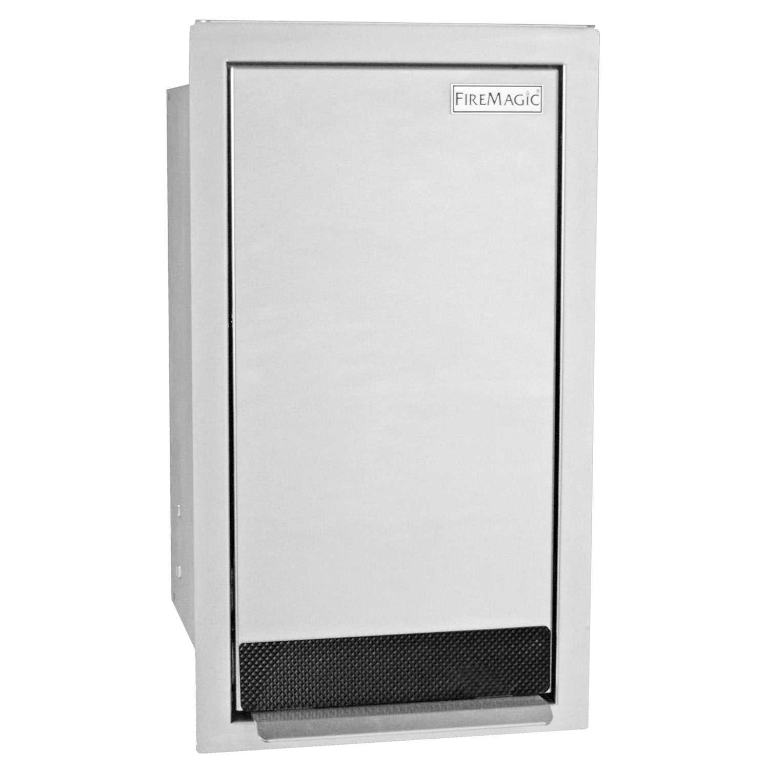 Fire Magic premium trash container with mesh door, rectangular stainless look