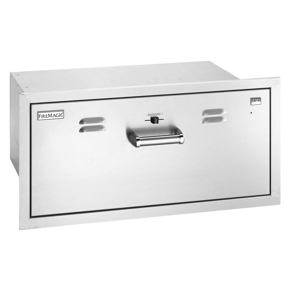 Built-in electric warming drawer with stainless front, handle, and control panel