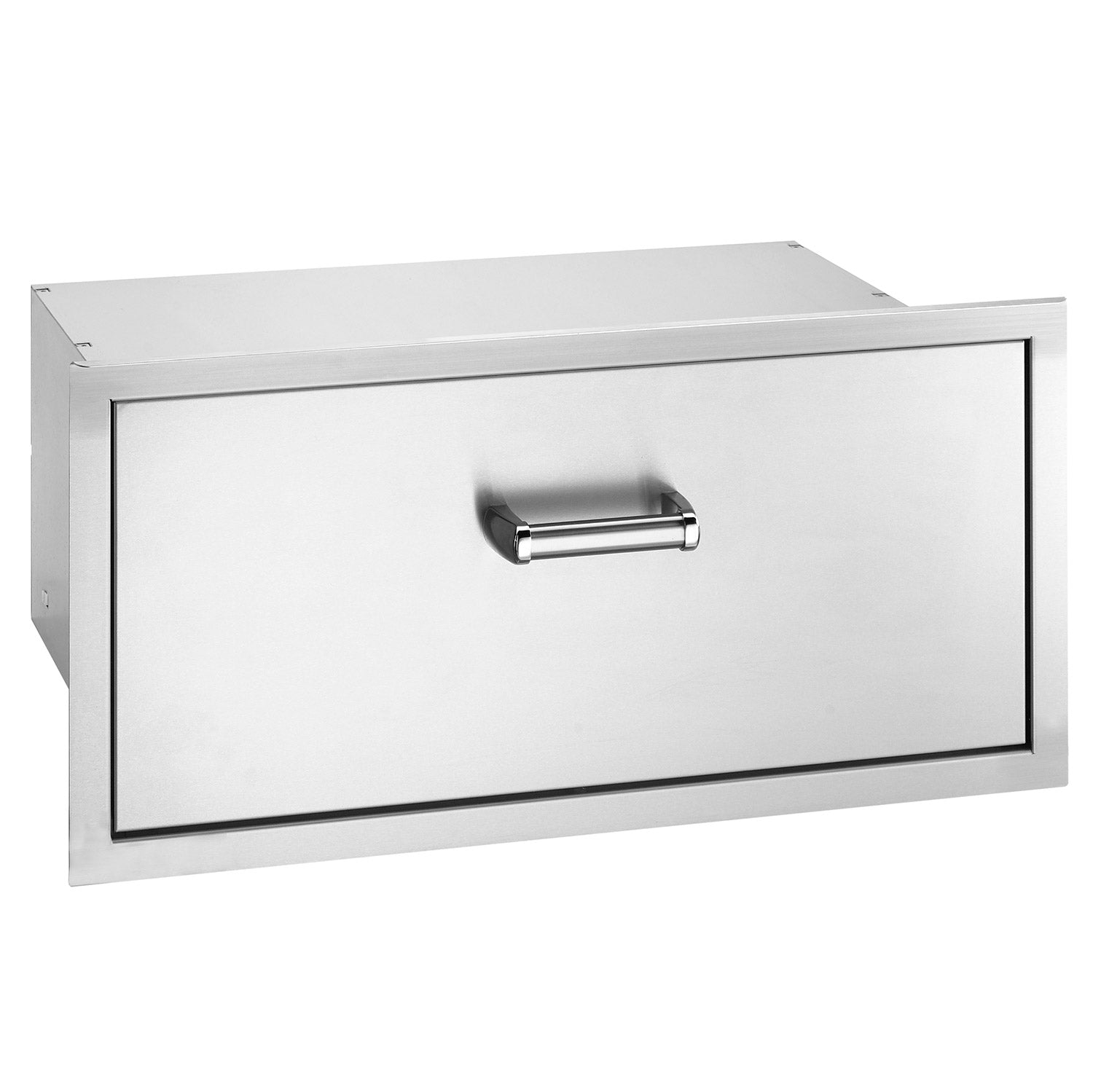 Stainless masonry drawer with flush front panel and horizontal bar handle