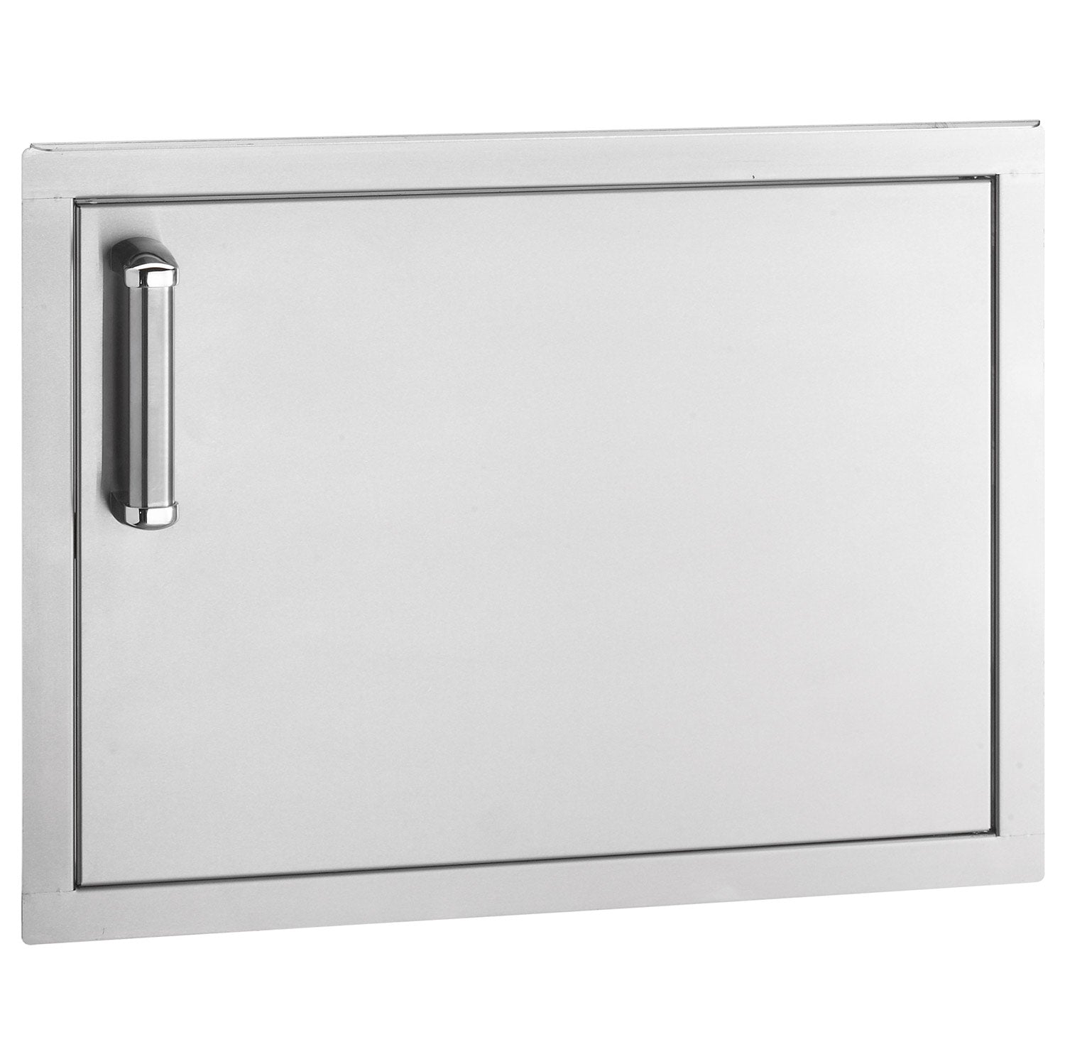Rectangular metal access door with dark handle and hinged frame, single door