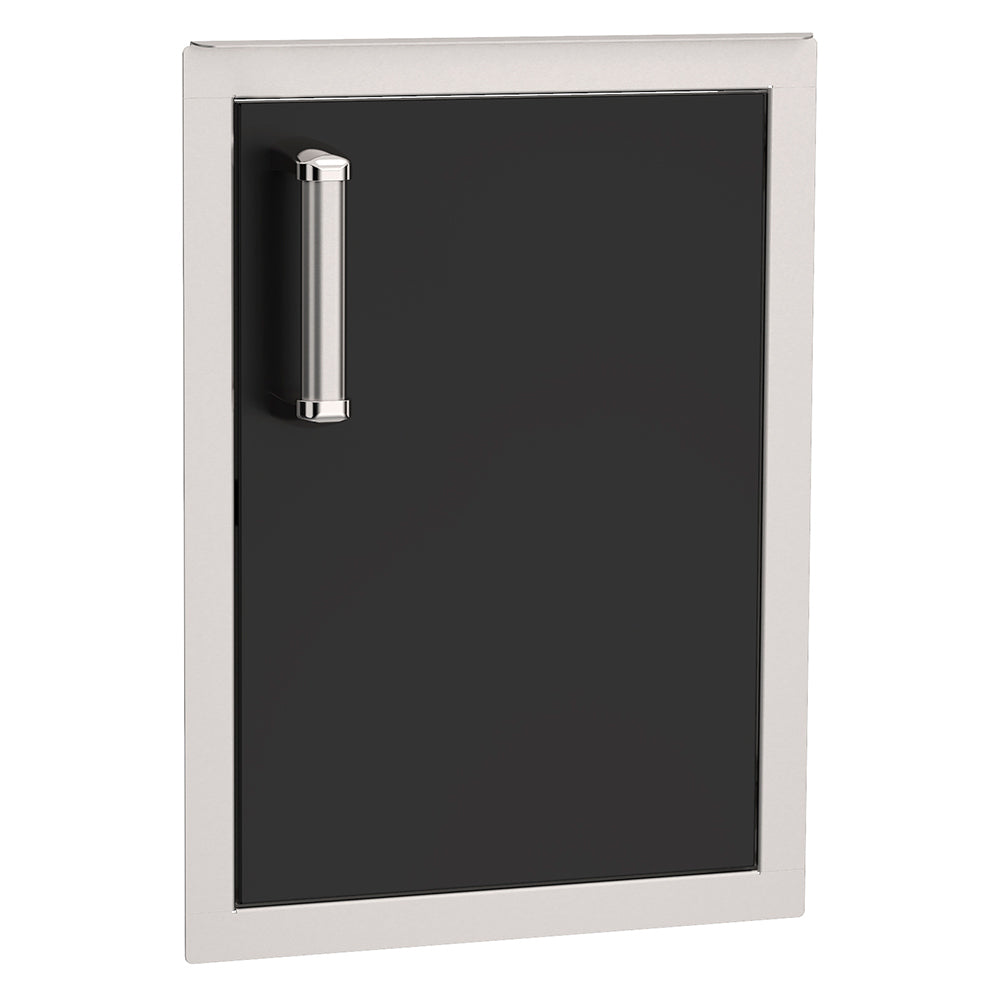 Vertical black door panel with recessed handle and brushed silver hardware