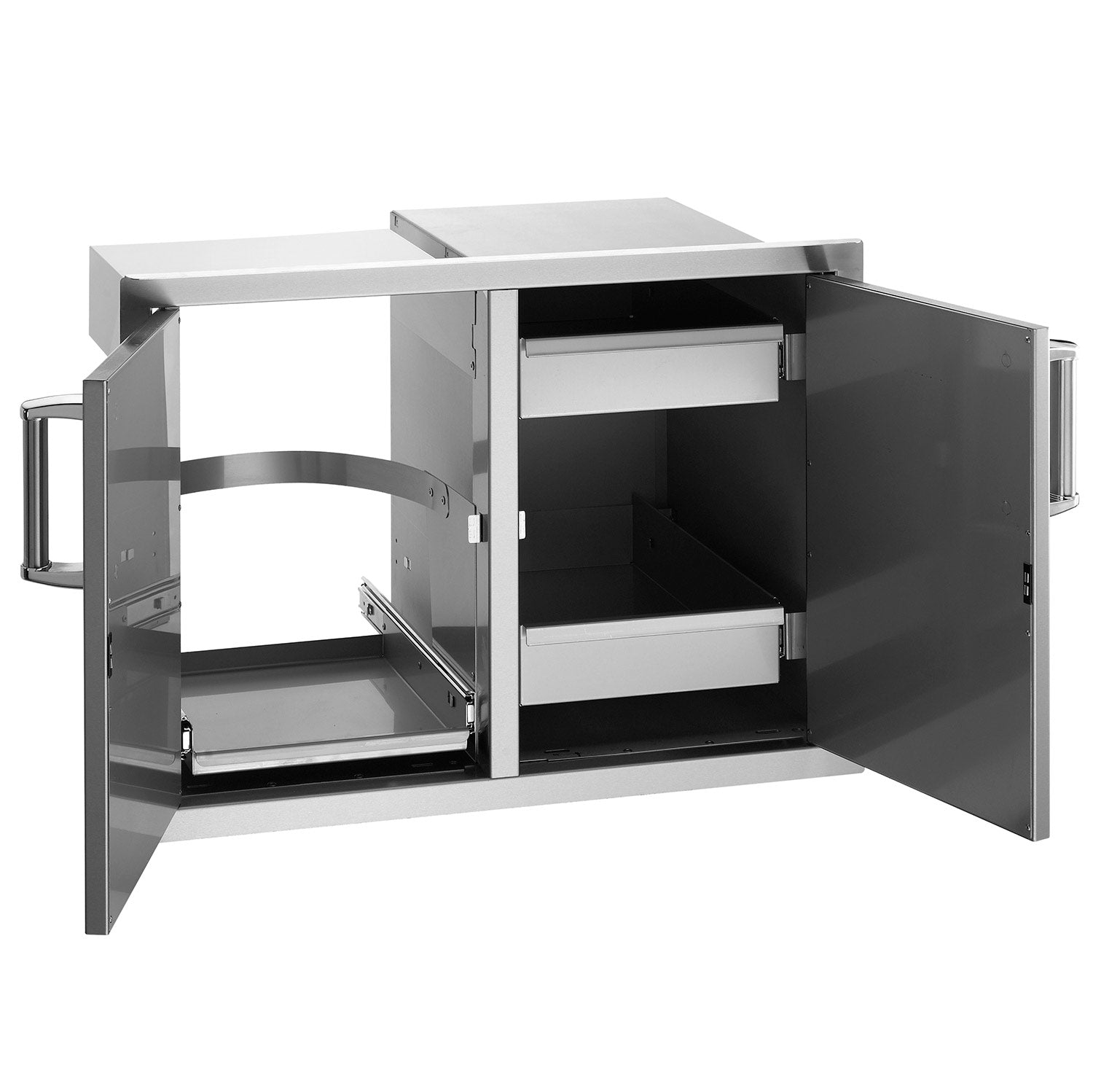 Flush outdoor cabinet with open double doors, drawers, and trash tray