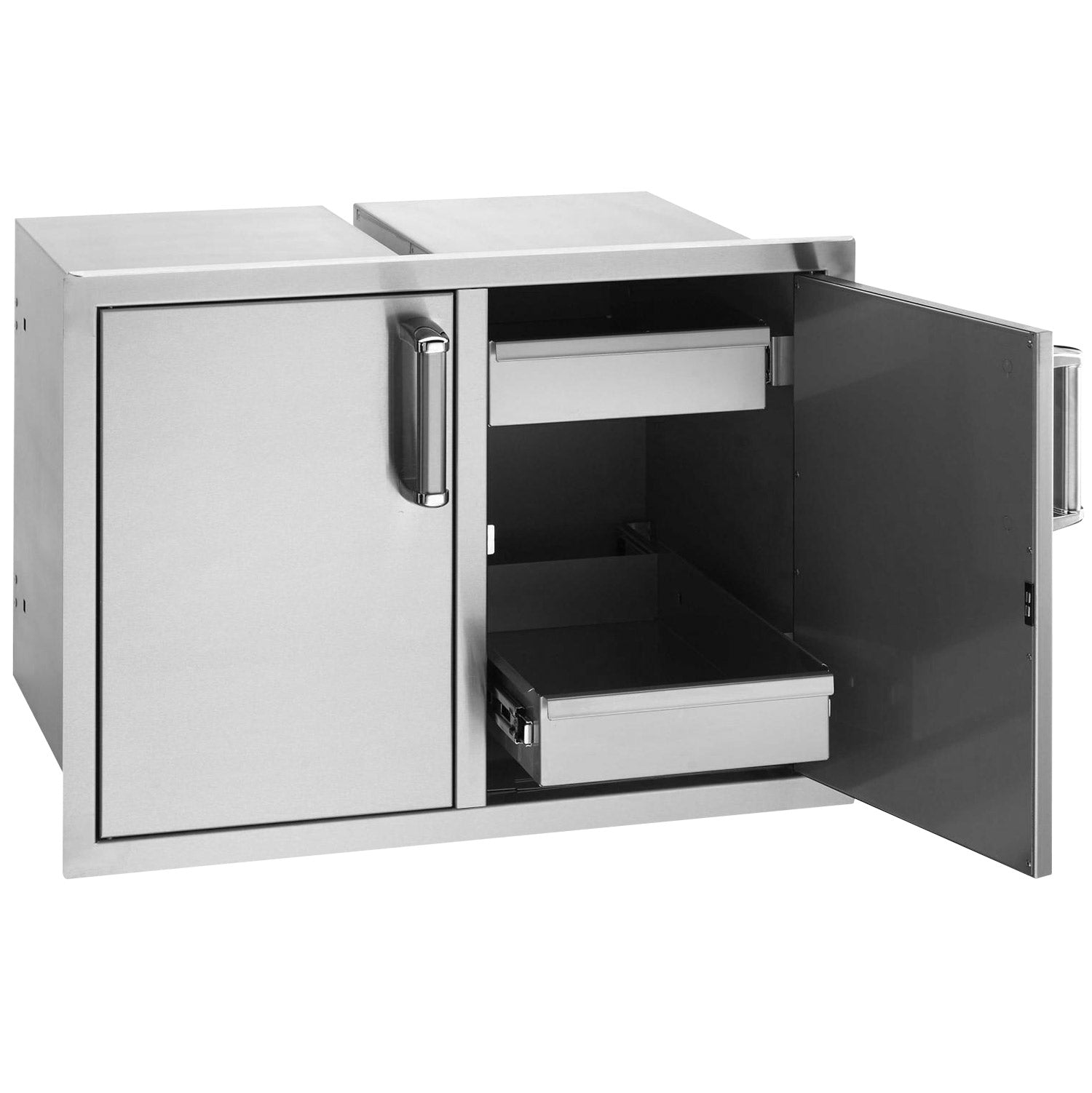 Stainless flush double doors outdoor storage cabinet with dual drawers, open view