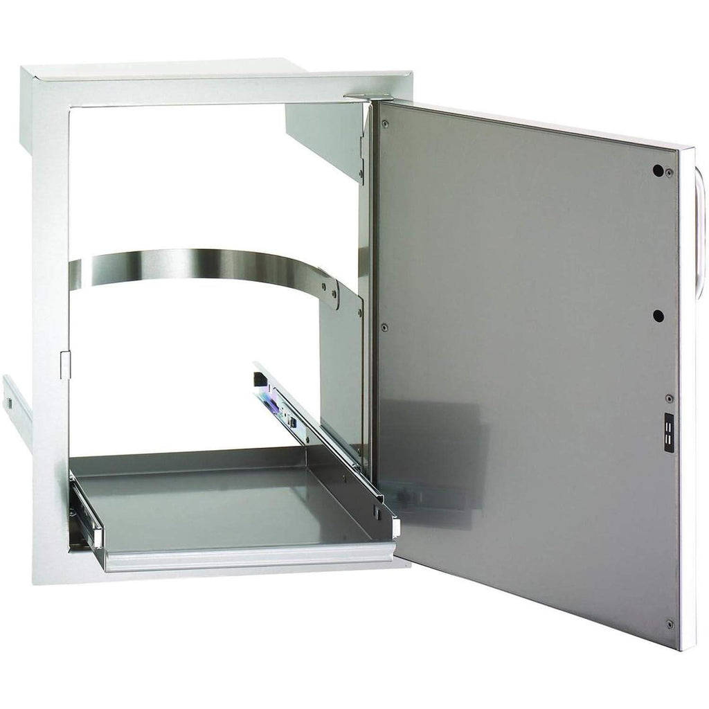 Single access door with tank tray, open cabinet showing interior shelf and hinges