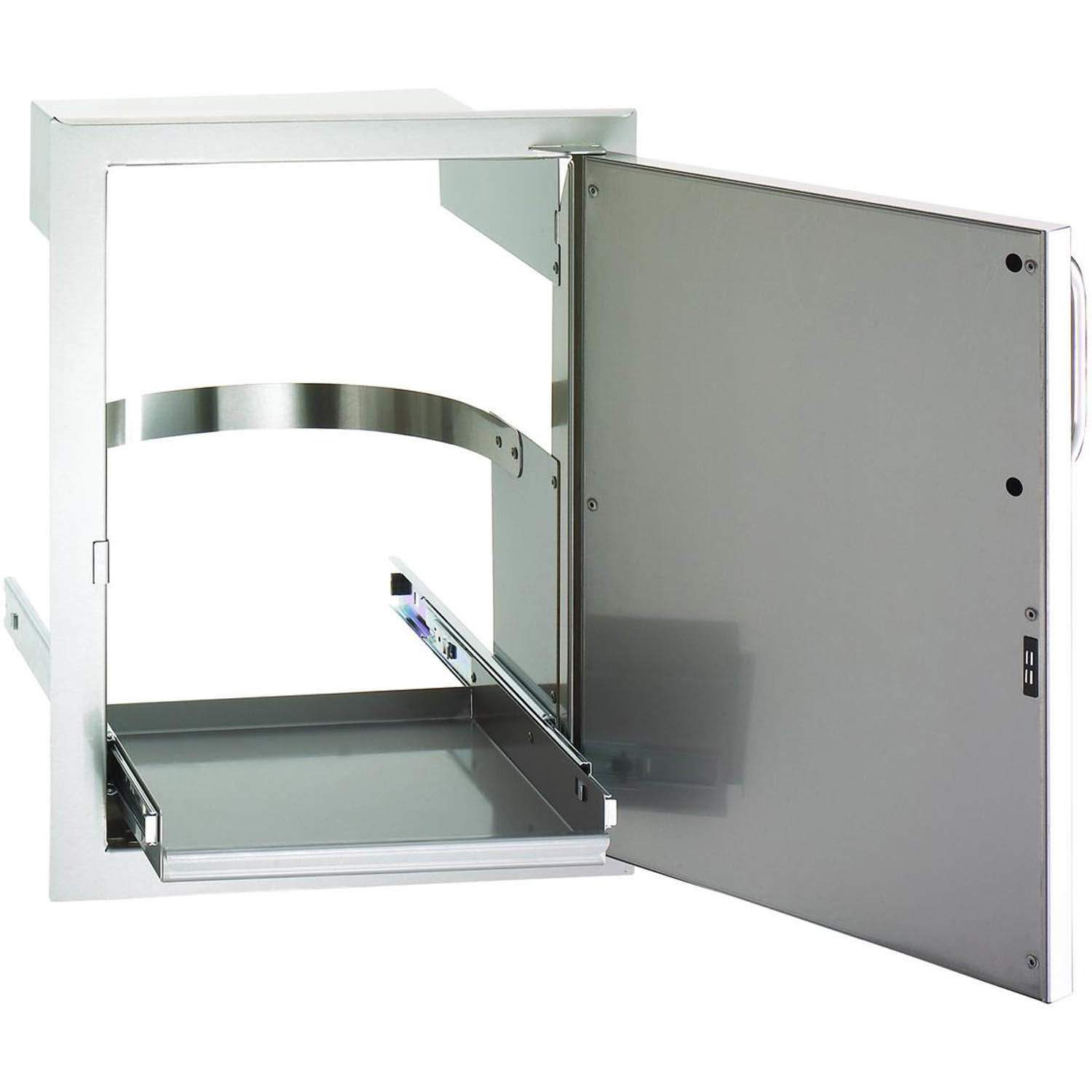 Single access door with tank tray, open cabinet showing interior shelf and hinges