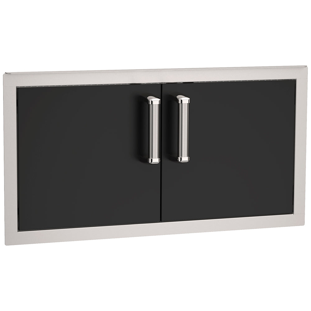 Black double access door with stainless latch handles and gray frame, 15x30 in