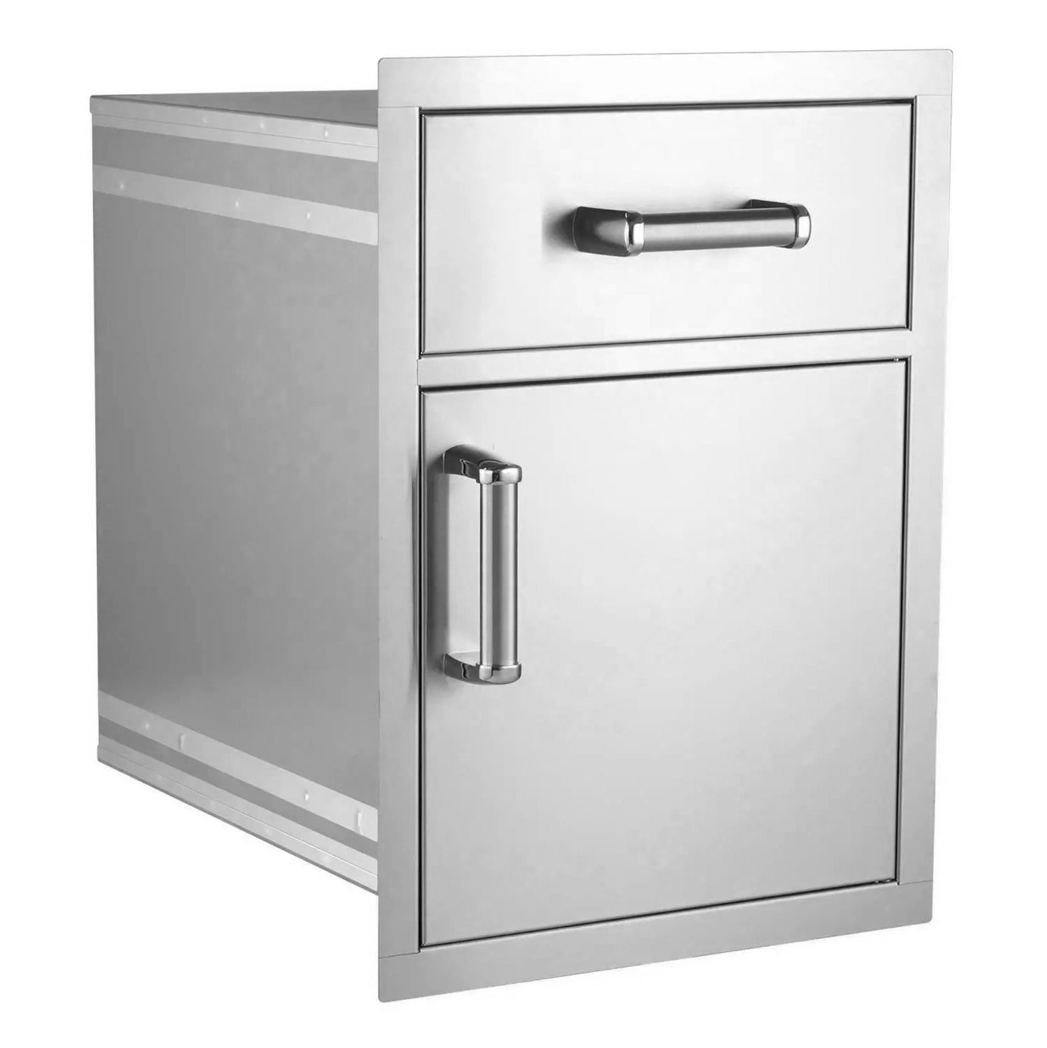 Flush pantry door and drawer combo with two fronts and brushed metal handles