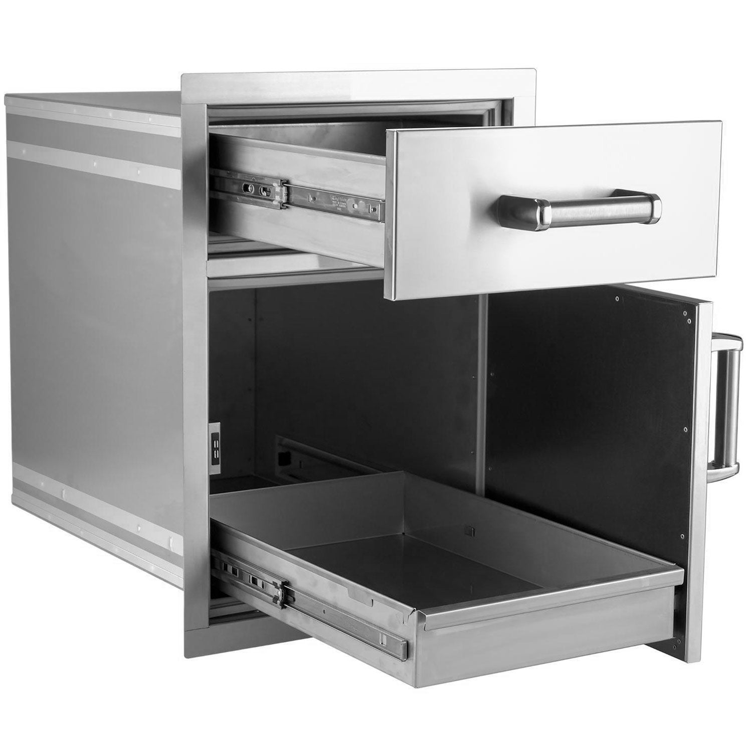 Open flush pantry door and drawer combo showing empty cabinet interior and metal rails