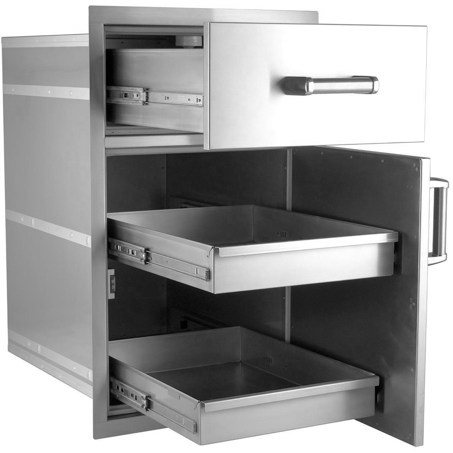 Stainless pantry door and drawer combo with open drawer trays and side handle