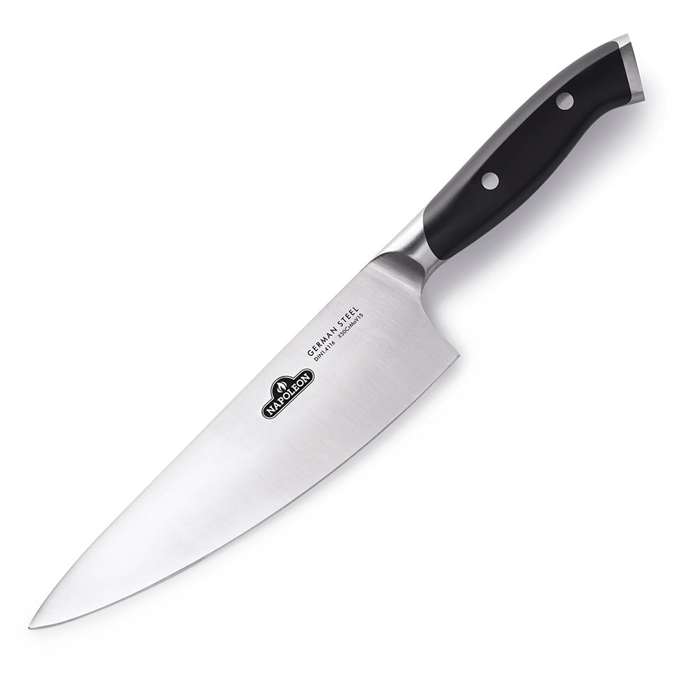 Chef's knife with stainless steel blade and black handle, pointed tip