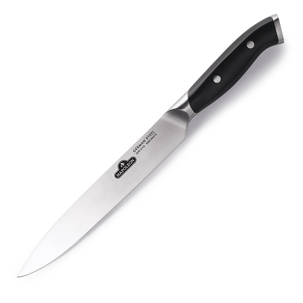 Carving knife with stainless steel blade, black handle with two rivets
