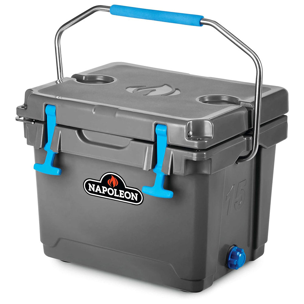 Gray cooler chest with blue handles, Napoleon logo, and top cup holders