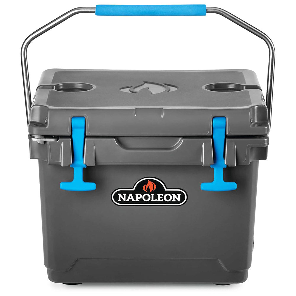 Gray cooler chest with blue latches and handle, Napoleon logo, front view