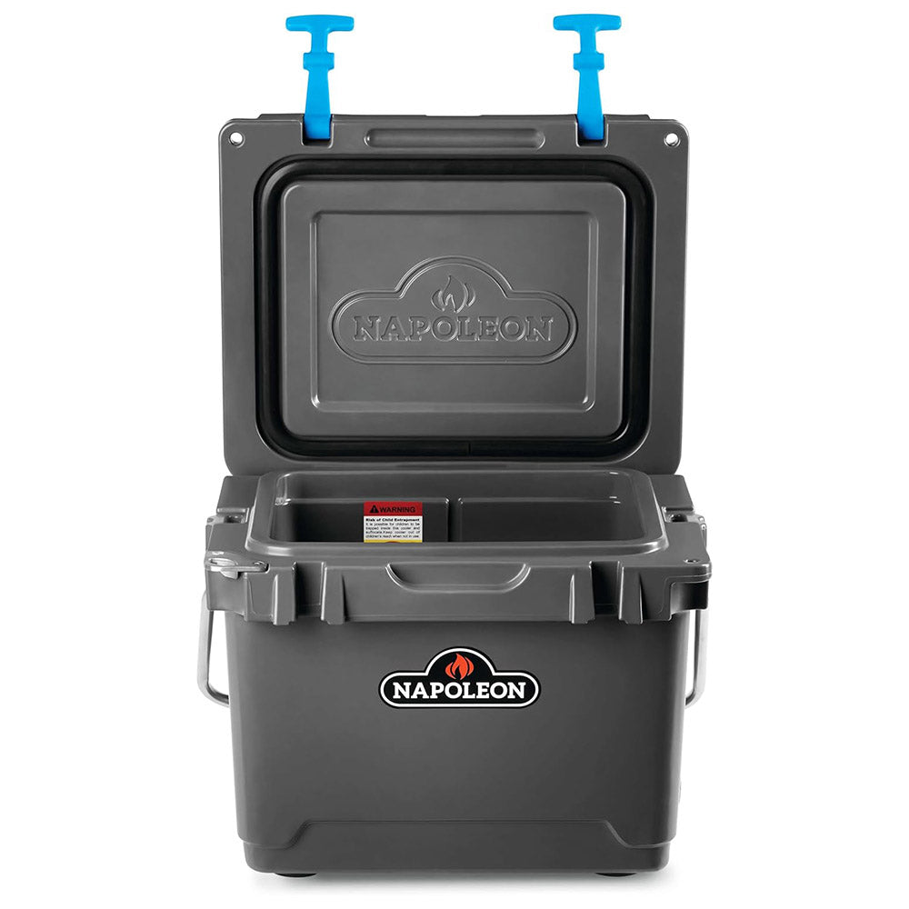Gray cooler chest with open lid, insulated inner panel and blue latch posts