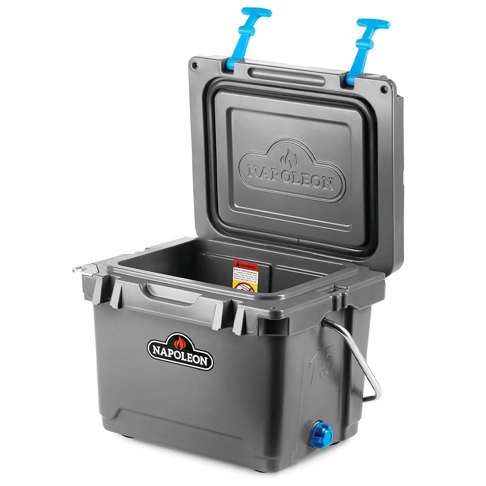 Gray cooler chest with open lid and Napoleon logo, side handle and blue latch accents