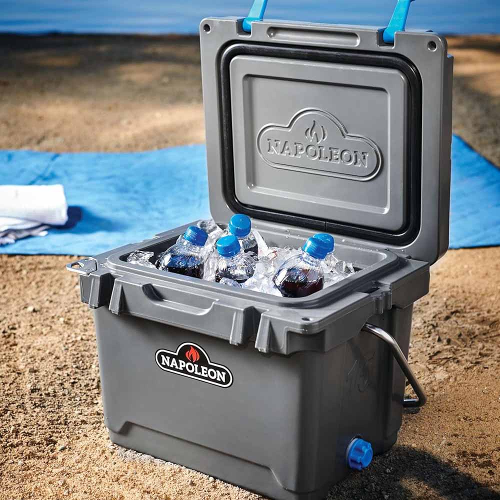 Gray cooler chest open with ice and blue-capped bottles, insulated lid panel