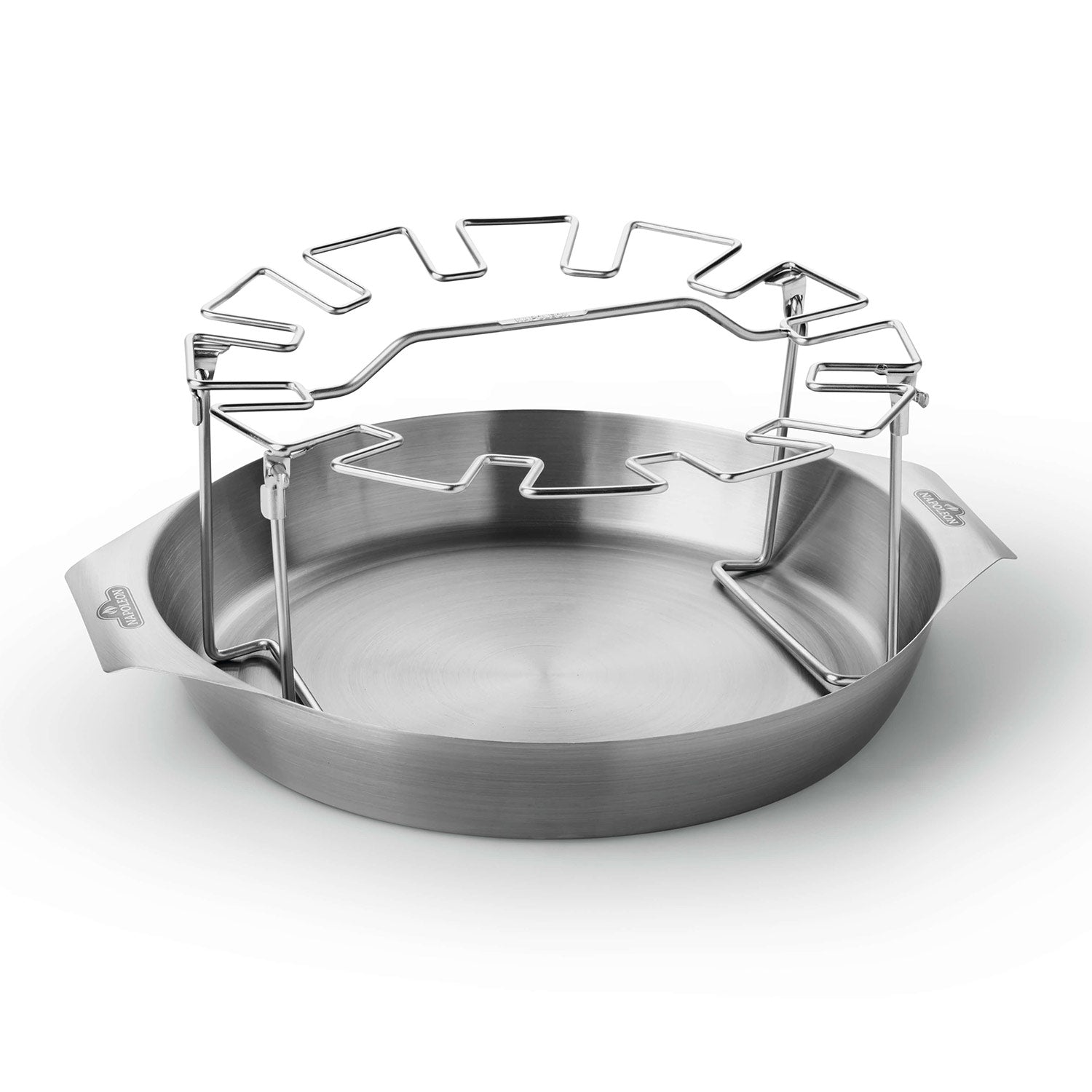 Stainless steel round chicken leg grill rack with hinged prongs and base tray