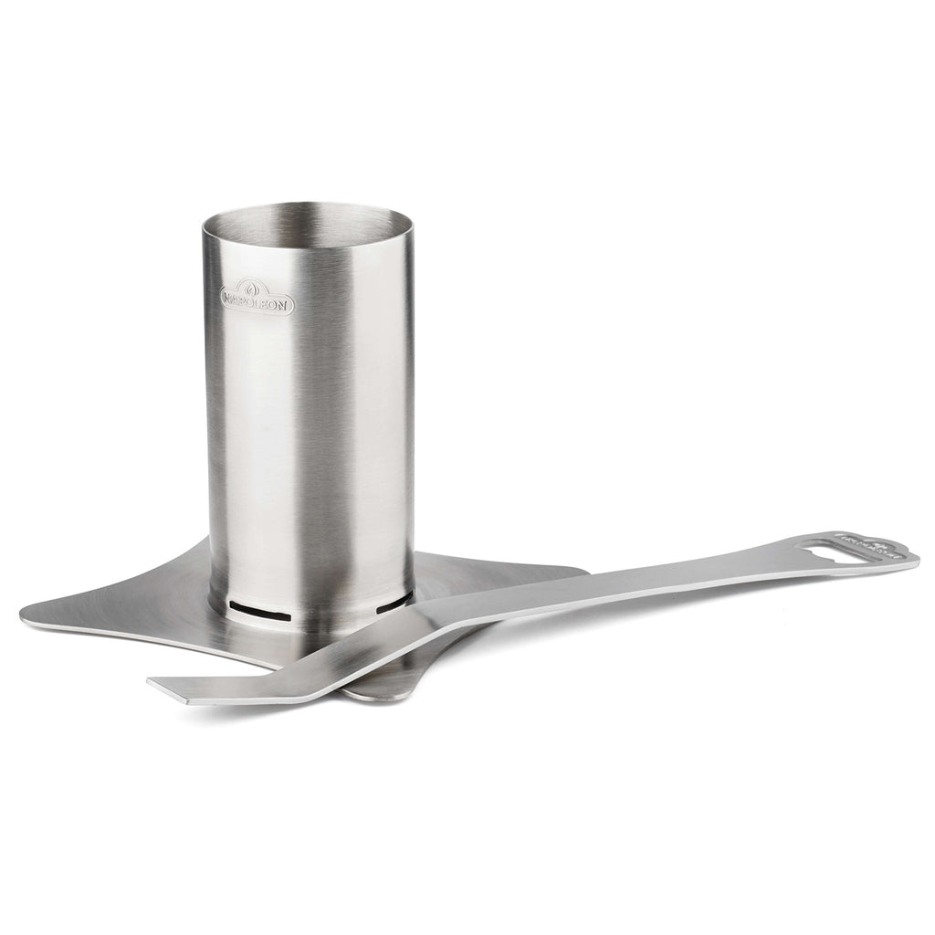 Stainless steel chicken roaster with three-prong stand and long handle