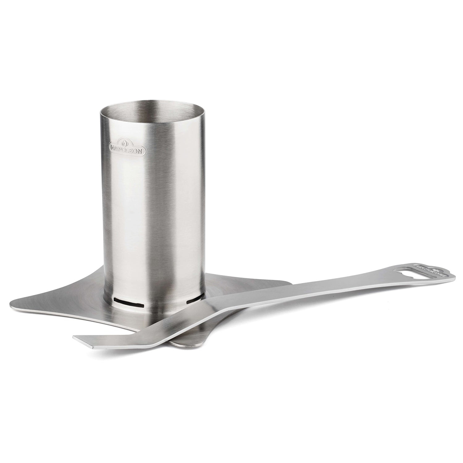 Stainless steel chicken roaster with three-prong stand and long handle