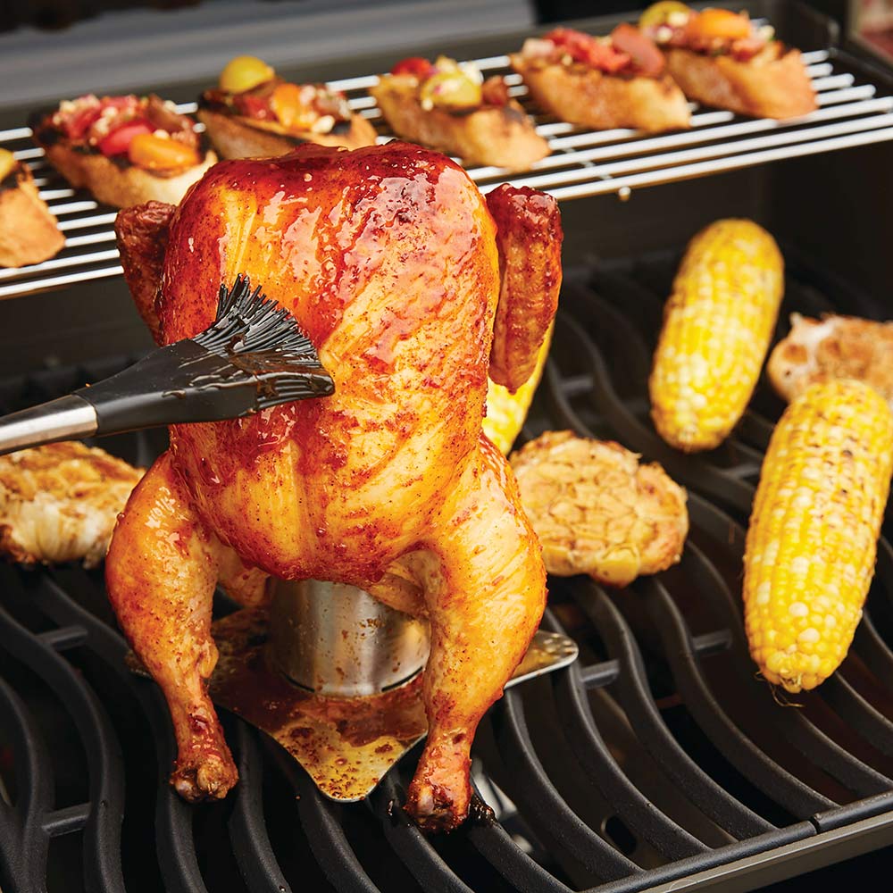 Whole chicken roasting on a stainless steel roaster insert over grill grates