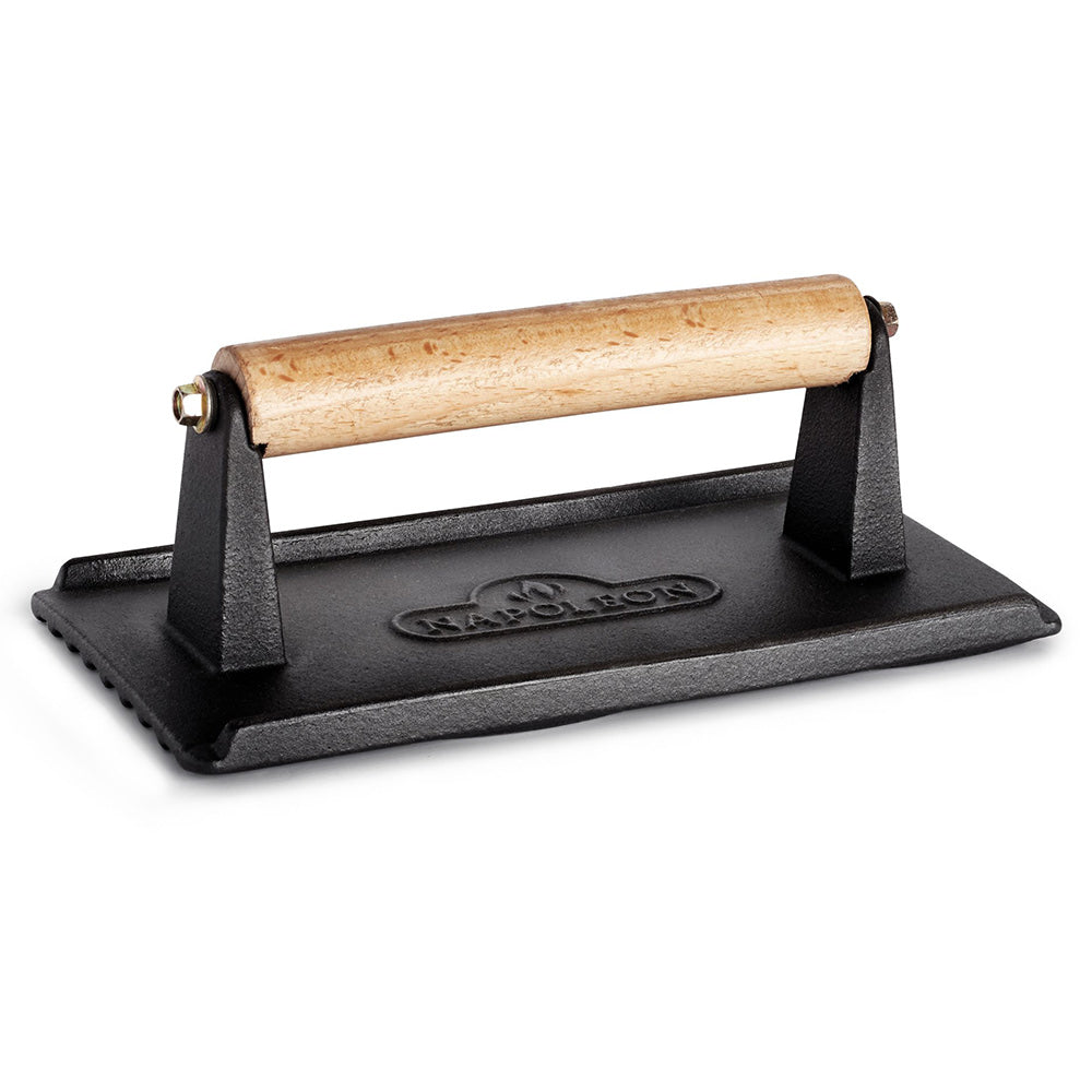 Cast iron chef's press with wooden handle and base, stamped emblem
