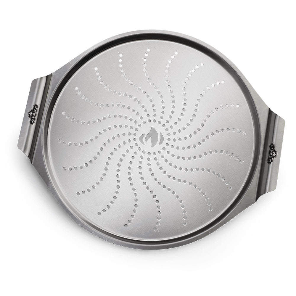 14-inch stainless steel pizza pan with dotted heat holes and engraved flame design