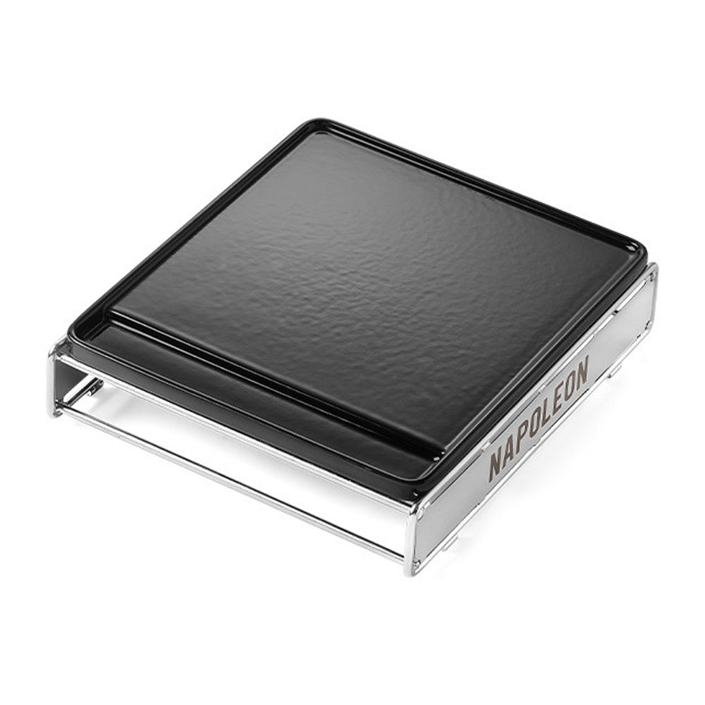 Cast iron griddle for small sizzle zone with black flat cooking surface and metal frame