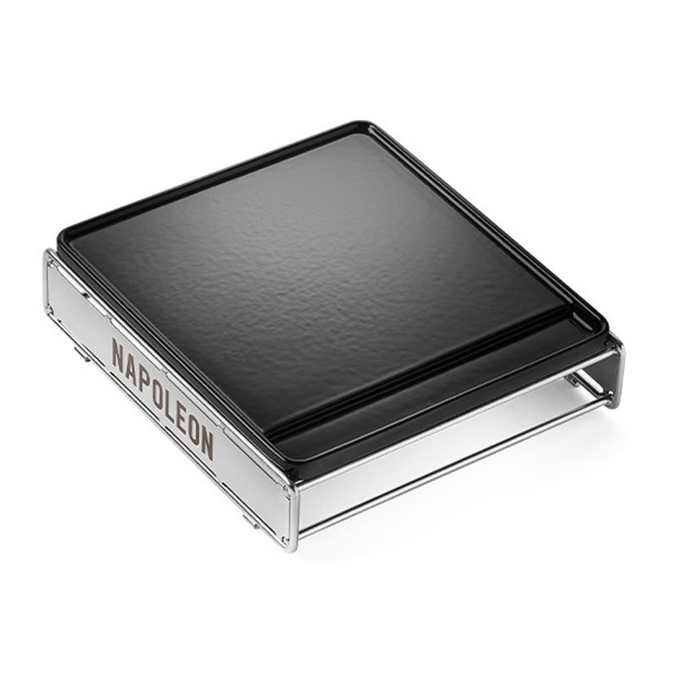 Cast iron griddle for small sizzle zone with black cooking surface and metal side handles