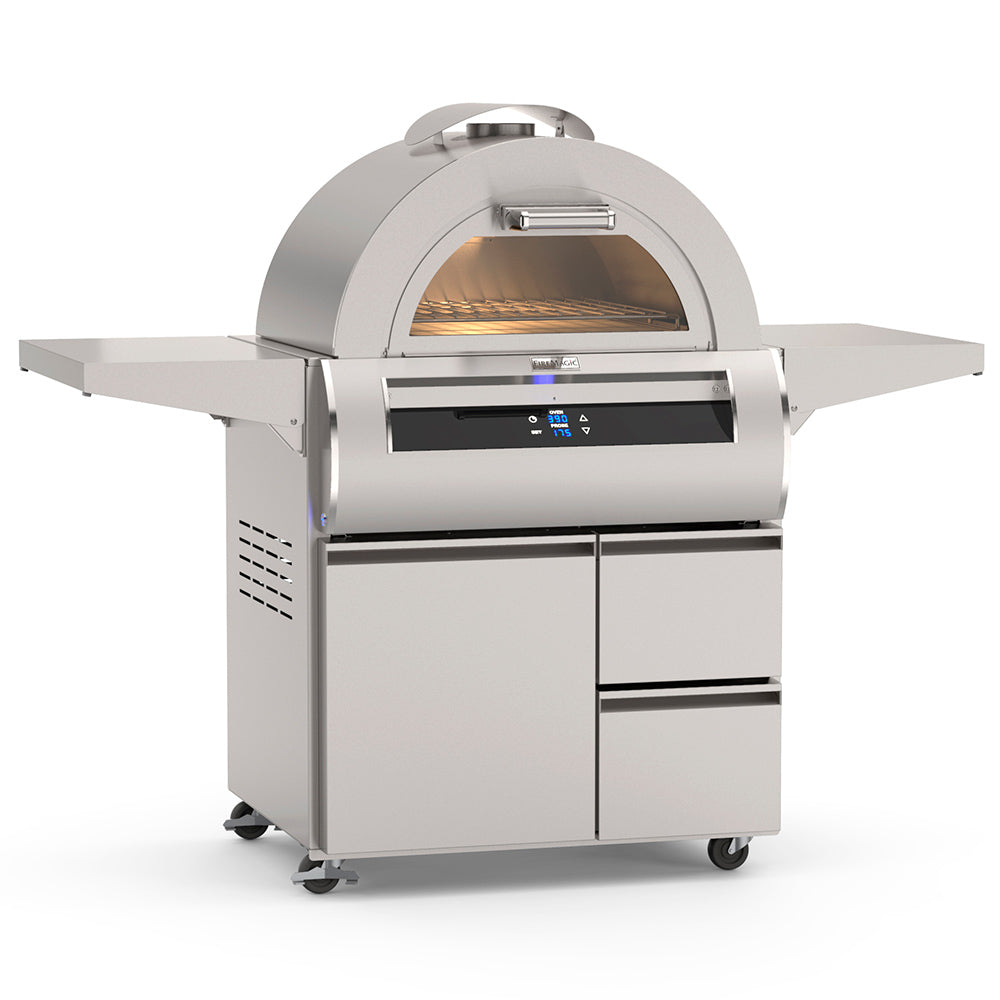 Freestanding pizza oven with stainless frame, open arched cooking chamber