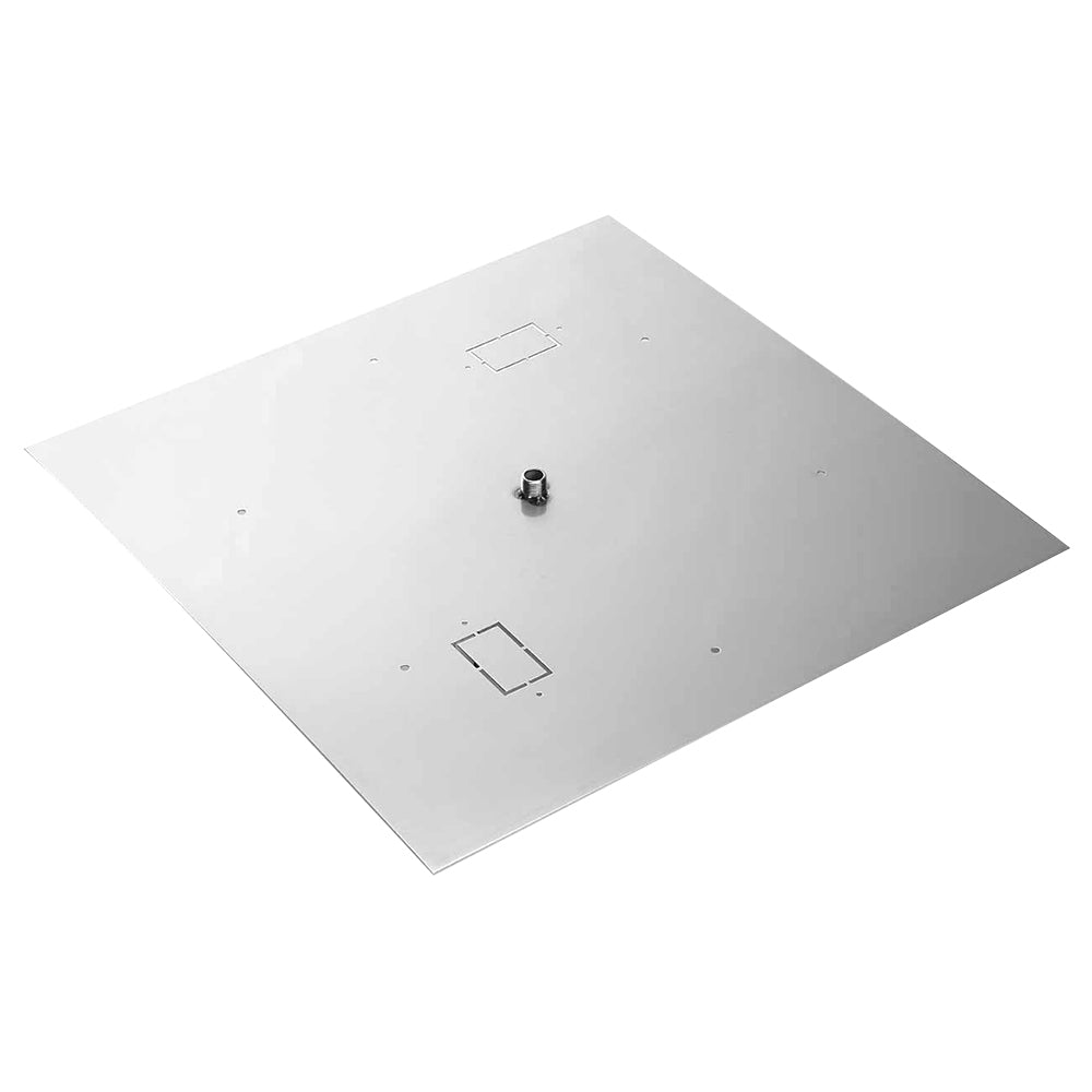 Stainless steel square flat fire pit burner plate with mounting screws and openings