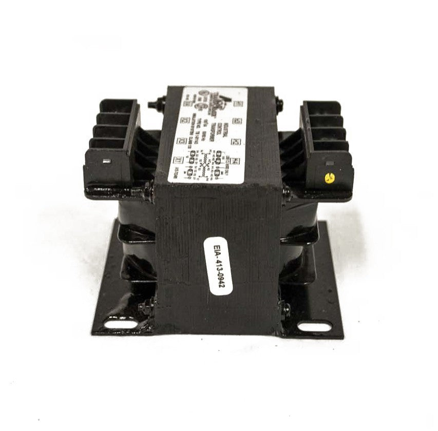 Black fire transformer with mounting base, label, and terminal blocks