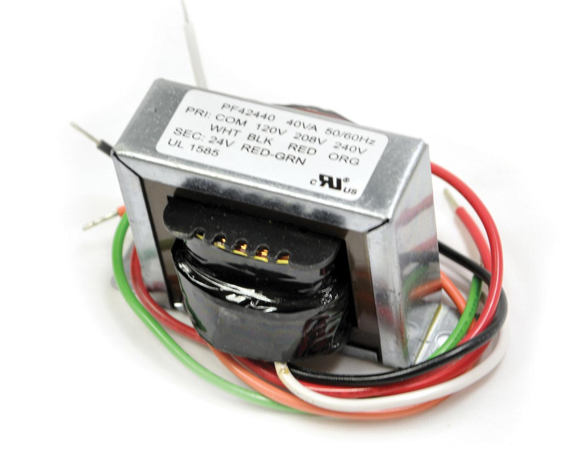 Metal-cased fire transformer with wire leads and label on top