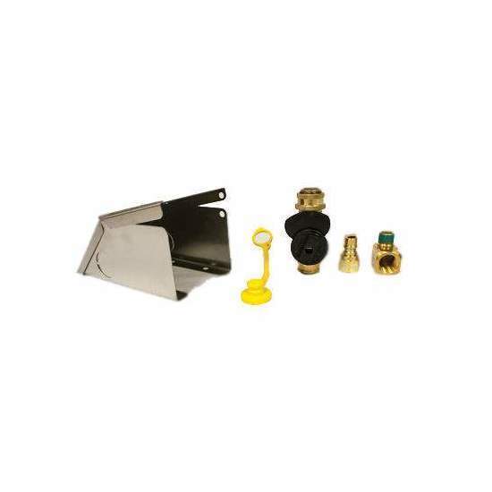 Fire appliance outlet kit with metal bracket, black base, brass fittings, and yellow pull handle