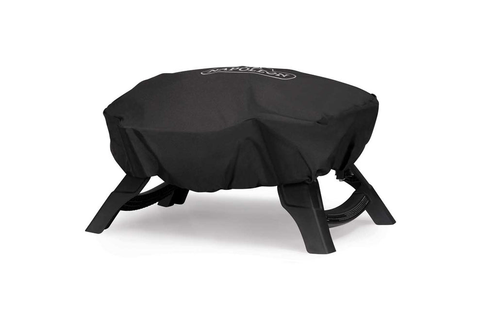 Black Napoleon grill cover with side fastening straps and small top logo
