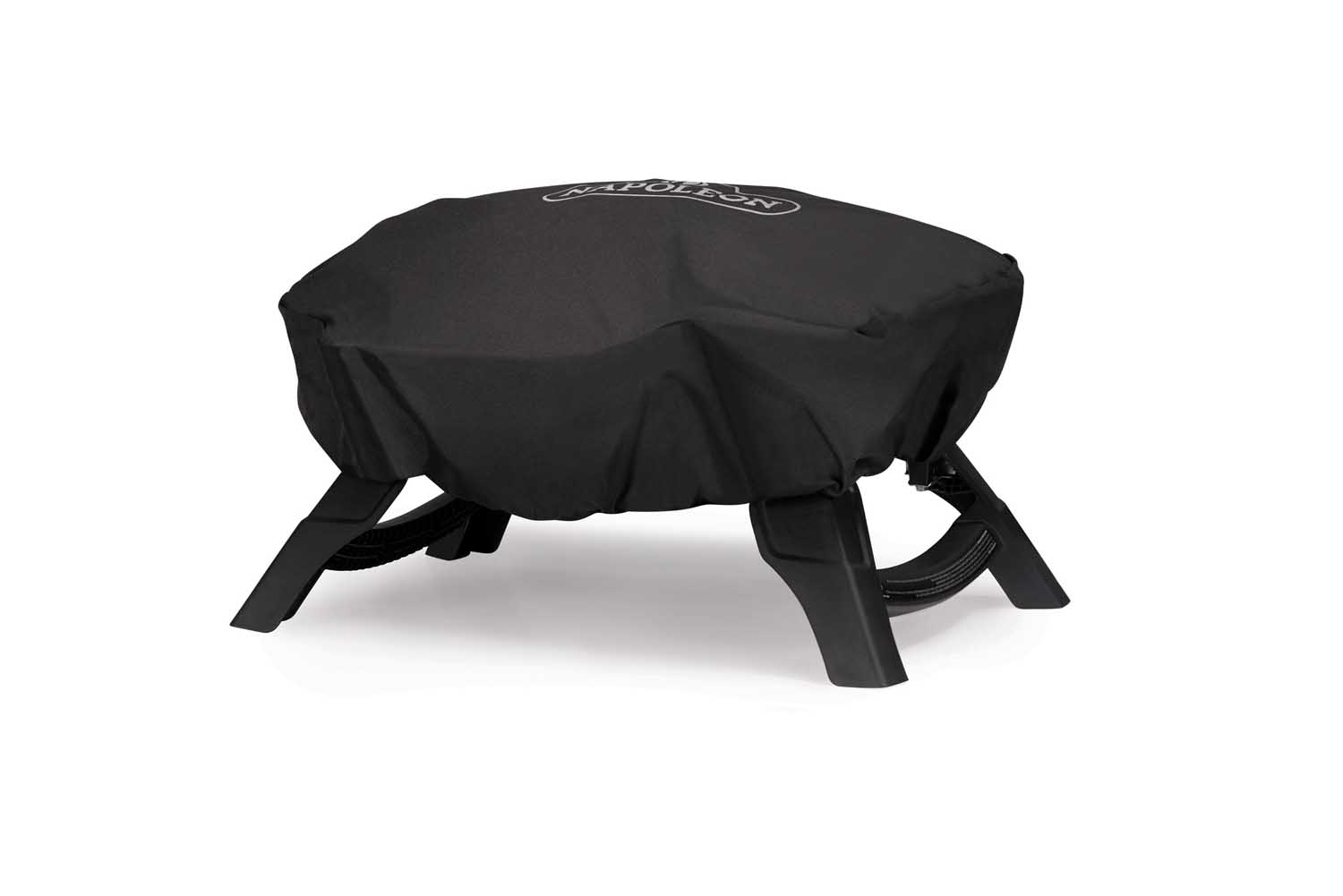 Black Napoleon grill cover with side fastening straps and small top logo