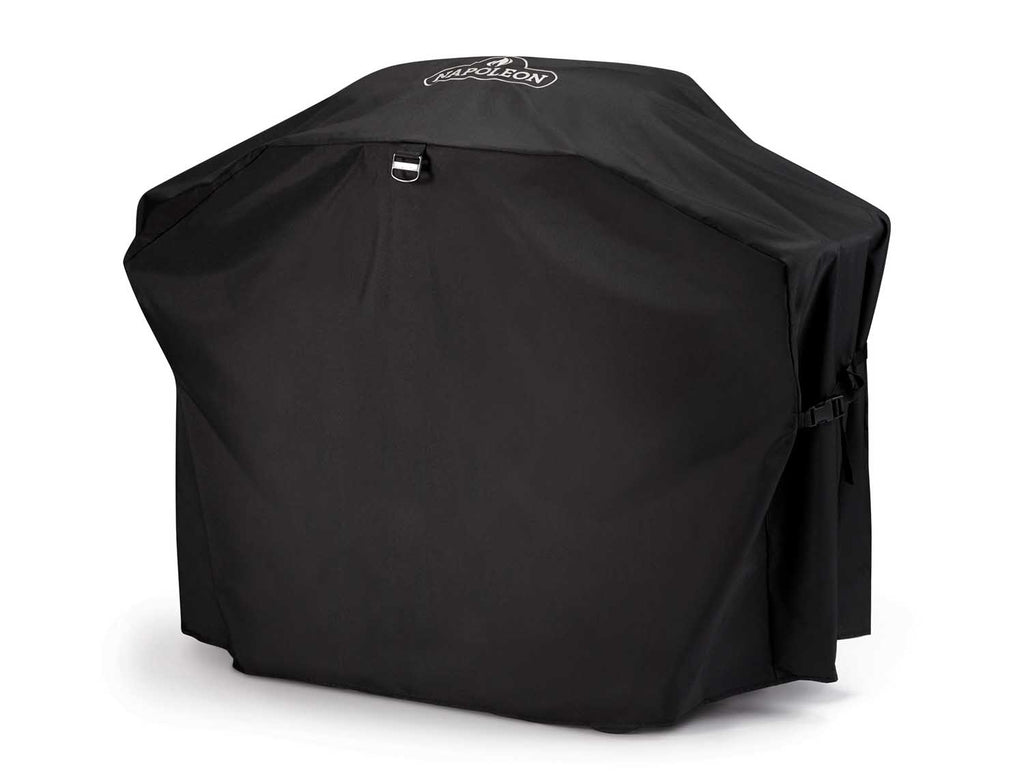 Scissor cart cover in black fabric, domed shape with side panel straps