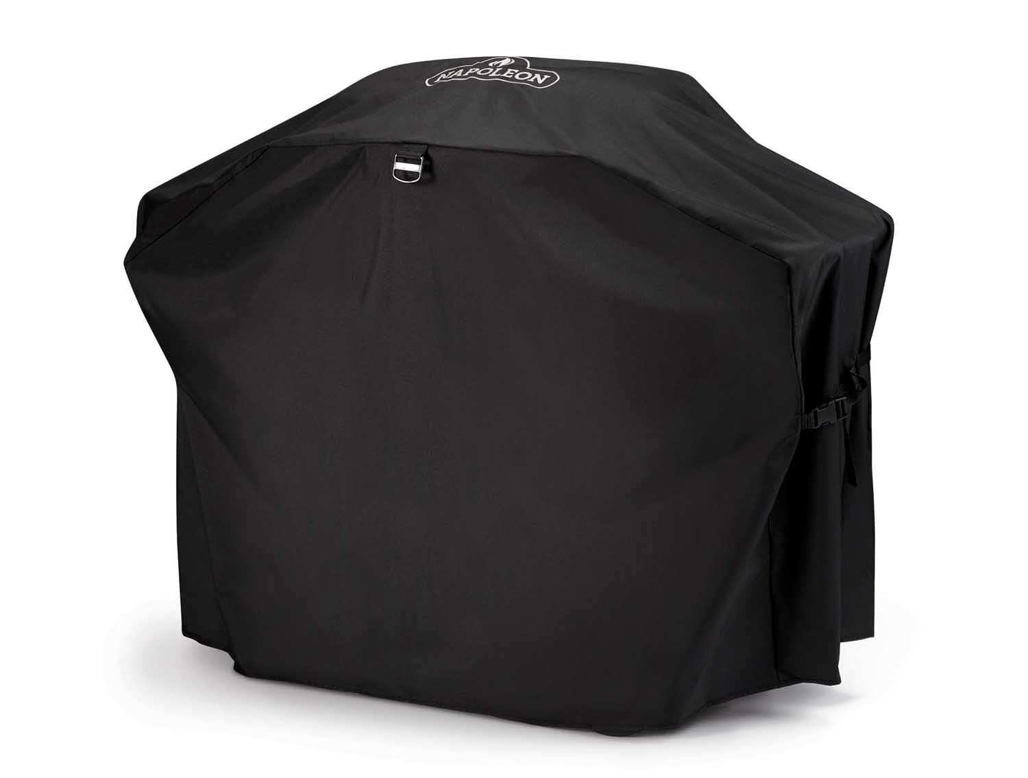 Scissor cart cover in black fabric, domed shape with side panel straps