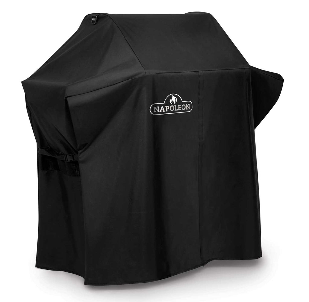 Napoleon grill cover, black, angled view with side strap and center logo.