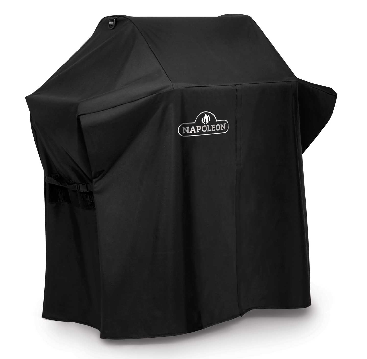 Napoleon grill cover, black, angled view with side strap and center logo.