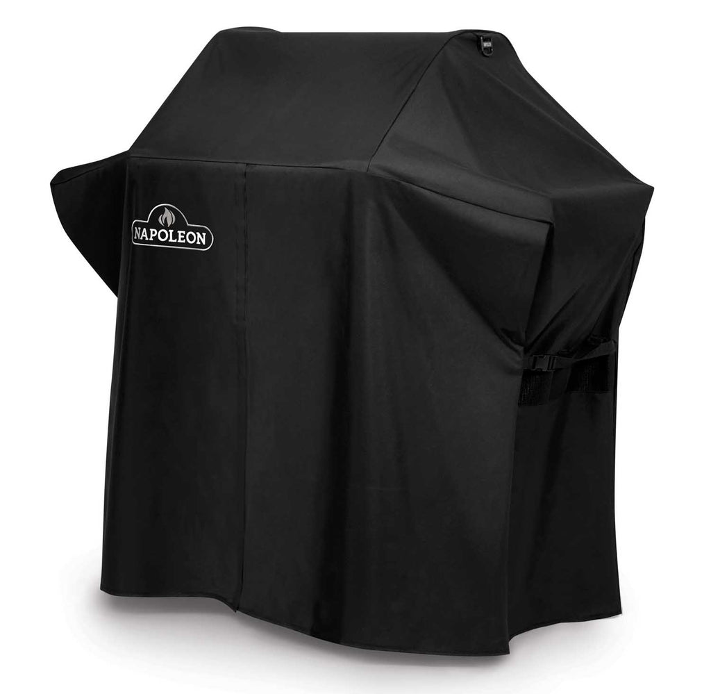 Napoleon grill cover, black, triangular top with side pull strap and logo.