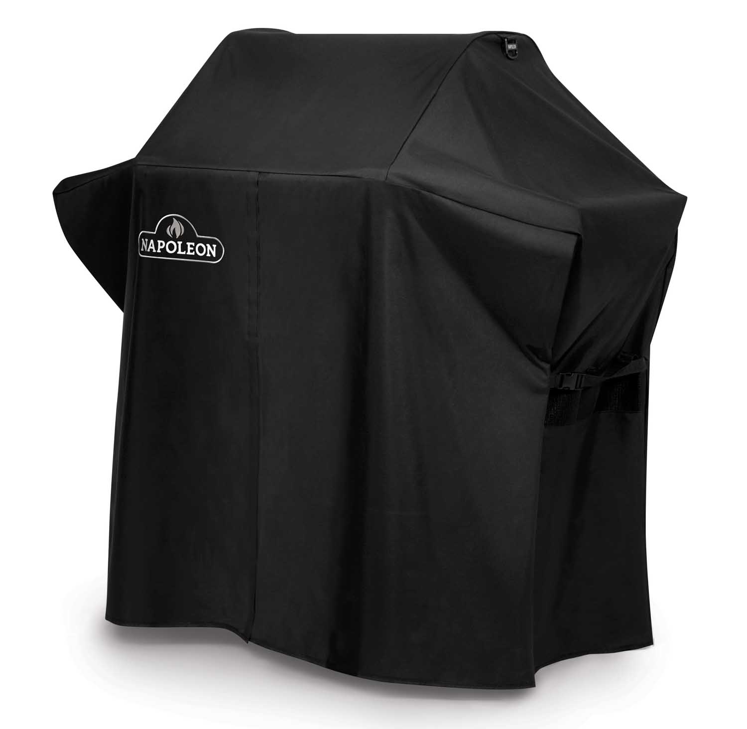 Napoleon grill cover, black, triangular top with side pull strap and logo.